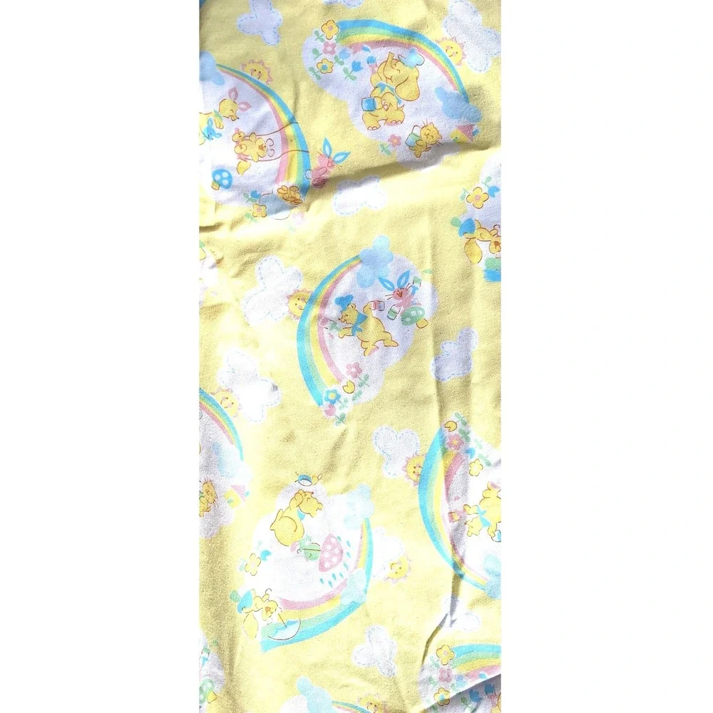 Vtg 1991 rabbit bear Fitted baby Crib Sheet Yellow Rainbow Kendall Company